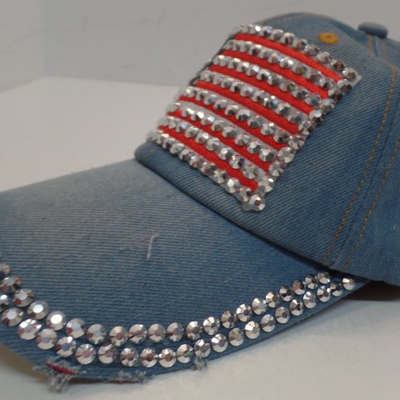Studio Select Adjustable Sizeing Sparkling Denim Baseball Cap W American Flag - Picture 3 of 9
